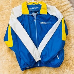 GUESS 90s oversized track jacket athletic zipper sport coat blue yellow white